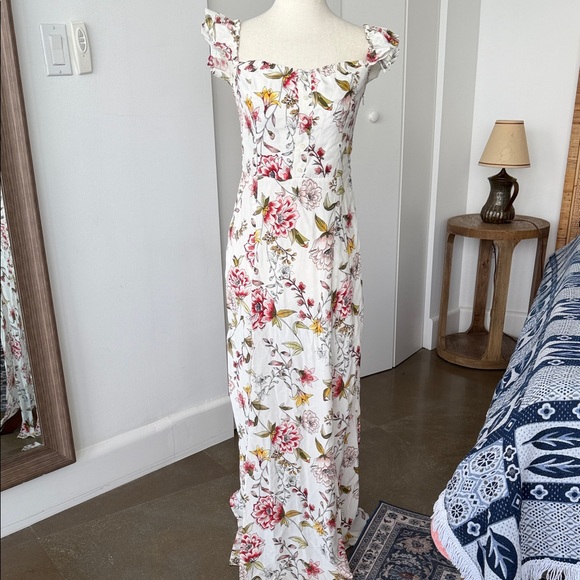 Bershka Dresses & Skirts - Floral Off-Shoulder Maxi Dress - White with Pink & Green Floral Print
